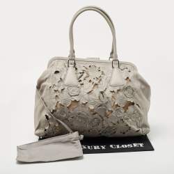Pre Owned Valentino Grey Leather Petal Embroidered Alice Glam Frame Satchel