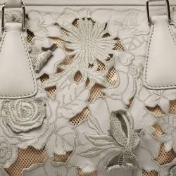 Pre Owned Valentino Grey Leather Petal Embroidered Alice Glam Frame Satchel
