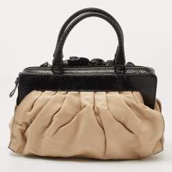 Pre Owned Valentino Beige/Black Leather and Watersnake Lacca Fleur Frame Satchel