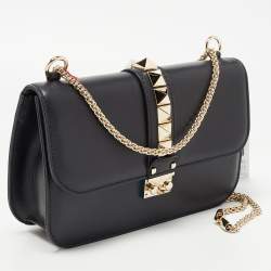 Pre Owned Valentino Black Leather Medium Glam Lock Chain Shoulder Bag