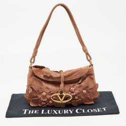 Valentino Brown Floral Applique Leather Vlogo Baguette Bag