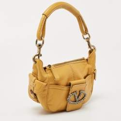 Pre Owned Valentino Mustard Leather Crystals Embellished VLogo Hobo 
