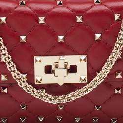 Valentino Red Quilted Leather Small Rockstud Spike Chain Shoulder Bag