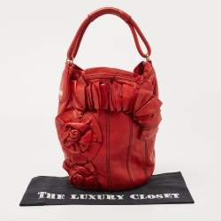 Pre Owned Valentino Red Leather Floral Applique Hobo