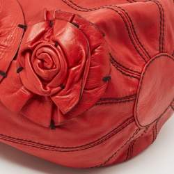 Pre Owned Valentino Red Leather Floral Applique Hobo
