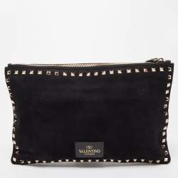 Pre Owned Valentino Black Suede Large Rockstud Embellished Wristlet Pouch