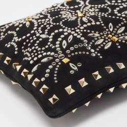 Pre Owned Valentino Black Suede Large Rockstud Embellished Wristlet Pouch