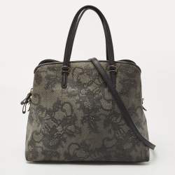 Pre Owned Valentino Black/Dark Grey Lace Effect Coated Canvas Satchel