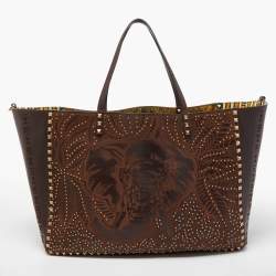 Pre Owned Valentino Dark Brown Primitive Animal Elephant Leather Large Rockstud Tote 