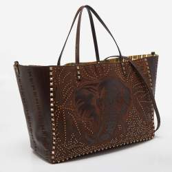 Pre Owned Valentino Dark Brown Primitive Animal Elephant Leather Large Rockstud Tote 