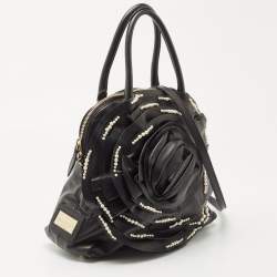Pre Owned Valentino Black Leather Petale Rose Pearl Embellished Satchel
