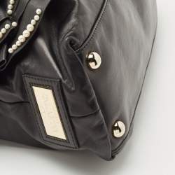 Pre Owned Valentino Black Leather Petale Rose Pearl Embellished Satchel
