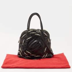 Pre Owned Valentino Black Leather Petale Rose Pearl Embellished Satchel