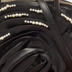 Pre Owned Valentino Black Leather Petale Rose Pearl Embellished Satchel