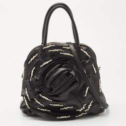 Pre Owned Valentino Black Leather Petale Rose Pearl Embellished Satchel