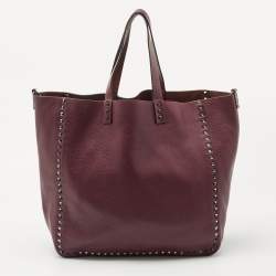 Pre Owned Valentino Burgundy/Brown Leather Rockstud Reversible Tote