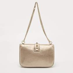 Pre Owned Valentino Metallic Gold Leather Rockstud Medium Glam Lock Flap Bag
