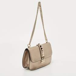 Pre Owned Valentino Metallic Gold Leather Rockstud Medium Glam Lock Flap Bag