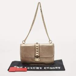 Pre Owned Valentino Metallic Gold Leather Rockstud Medium Glam Lock Flap Bag