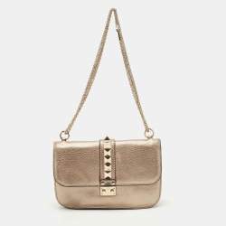 Pre Owned Valentino Metallic Gold Leather Rockstud Medium Glam Lock Flap Bag