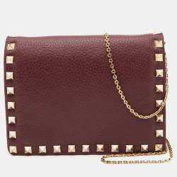 Pre Owned Valentino Burgundy Leather Rockstud Flap Chain Clutch