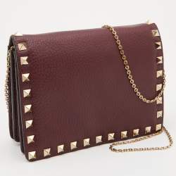 Pre Owned Valentino Burgundy Leather Rockstud Flap Chain Clutch