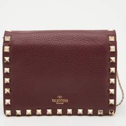 Pre Owned Valentino Burgundy Leather Rockstud Flap Chain Clutch