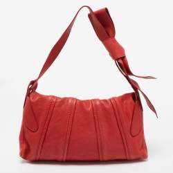 Pre Owned Valentino Red Pleated Leather Bow Flap Shoulder Bag