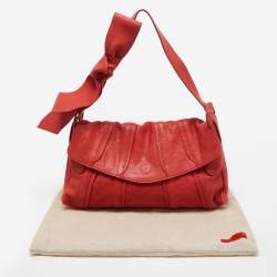 Pre Owned Valentino Red Pleated Leather Bow Flap Shoulder Bag