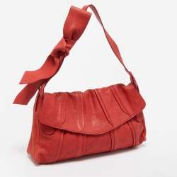 Pre Owned Valentino Red Pleated Leather Bow Flap Shoulder Bag