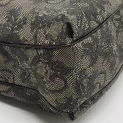 Pre Owned Valentino Black/Grey Lace Print Coated Canvas and Leather Logo Satchel