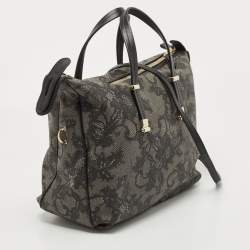Pre Owned Valentino Black/Grey Lace Print Coated Canvas and Leather Logo Satchel