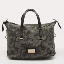 Pre Owned Valentino Black/Grey Lace Print Coated Canvas and Leather Logo Satchel