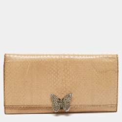 Pre Owned Valentino Beige Watersnake Leather Butterfly Embellished Continental Wallet