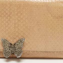 Pre Owned Valentino Beige Watersnake Leather Butterfly Embellished Continental Wallet