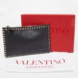Pre Owned Valentino Black Leather Rockstud Zip Pouch