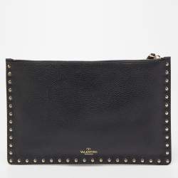 Pre Owned Valentino Black Leather Rockstud Zip Pouch