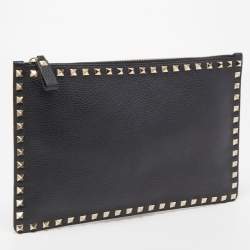 Pre Owned Valentino Black Leather Rockstud Zip Pouch