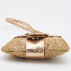 Pre Owned Valentino Gold Lace and Leather Crystals Embellished Flap Clutch Bag