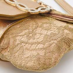 Pre Owned Valentino Gold Lace and Leather Crystals Embellished Flap Clutch Bag