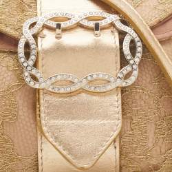 Pre Owned Valentino Gold Lace and Leather Crystals Embellished Flap Clutch Bag