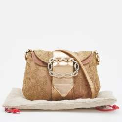 Pre Owned Valentino Gold Lace and Leather Crystals Embellished Flap Clutch Bag