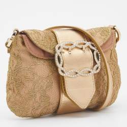 Pre Owned Valentino Gold Lace and Leather Crystals Embellished Flap Clutch Bag