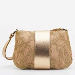 Pre Owned Valentino Gold Lace and Leather Crystals Embellished Flap Clutch Bag