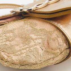 Pre Owned Valentino Gold Lace and Leather Crystals Embellished Flap Clutch Bag