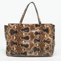 مملوكة مسبقًا Valentino Brown/Beige Python Rockstud Trapeze Shopper Tote