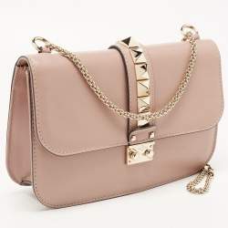 Pre Owned Valentino Pink Leather Medium Rockstud Glam Lock Flap Bag