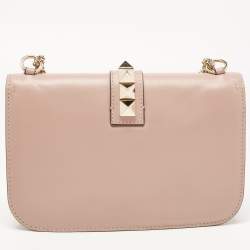 Pre Owned Valentino Pink Leather Medium Rockstud Glam Lock Flap Bag