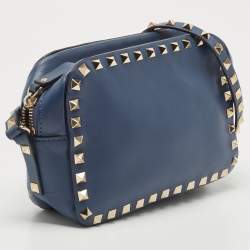 Pre Owned Valentino Blue Leather Rockstud Camera Crossbody Bag