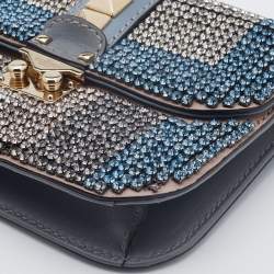 Pre Owned Valentino Blue Leather Small Crystal Embellished Glam Lock Rockstud Shoulder Bag